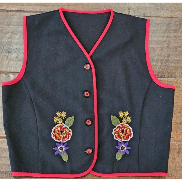 Jackets & Blazers - VTG  BOHO Floral Hungarian Folk Vest Black Red Piping Button Front USA Size 10